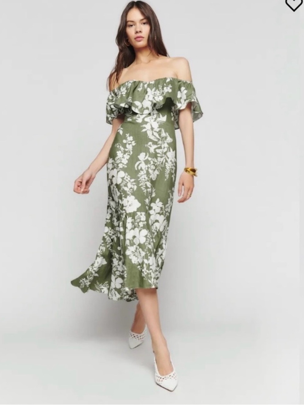 Reformation Butterfly Green Floral Off Shoulder Midi Dress Size 6